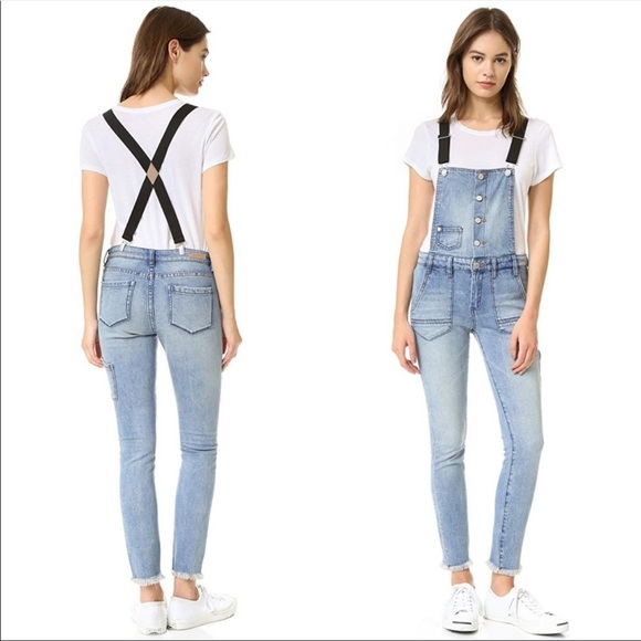 Blank NYC Suspender Overalls Skinny Dipper raw hem